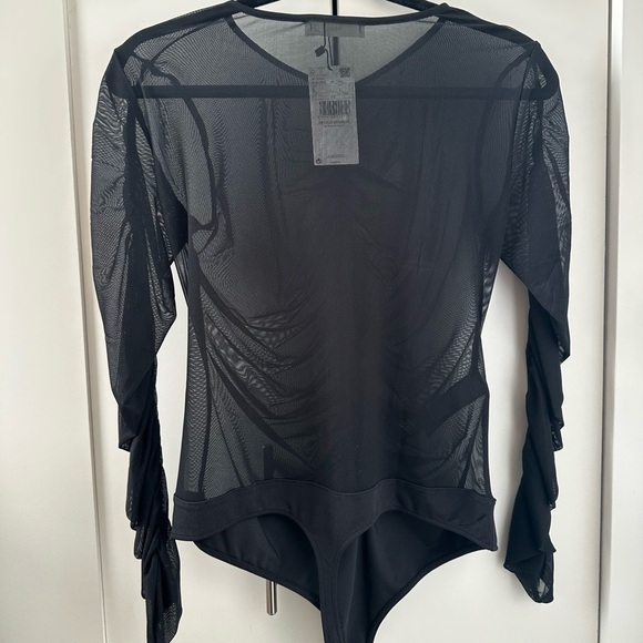 MNG MANGO Mesh Sheer Ruched Long Sleeve Bodysuit - Black - Picture 2 of 4